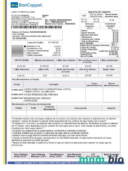 Mexico BBVA wzór wyciągu bankowego